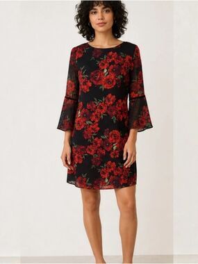 Jessica Howard Black Red Rose Floral Swiss Dot Dress 8 Petite